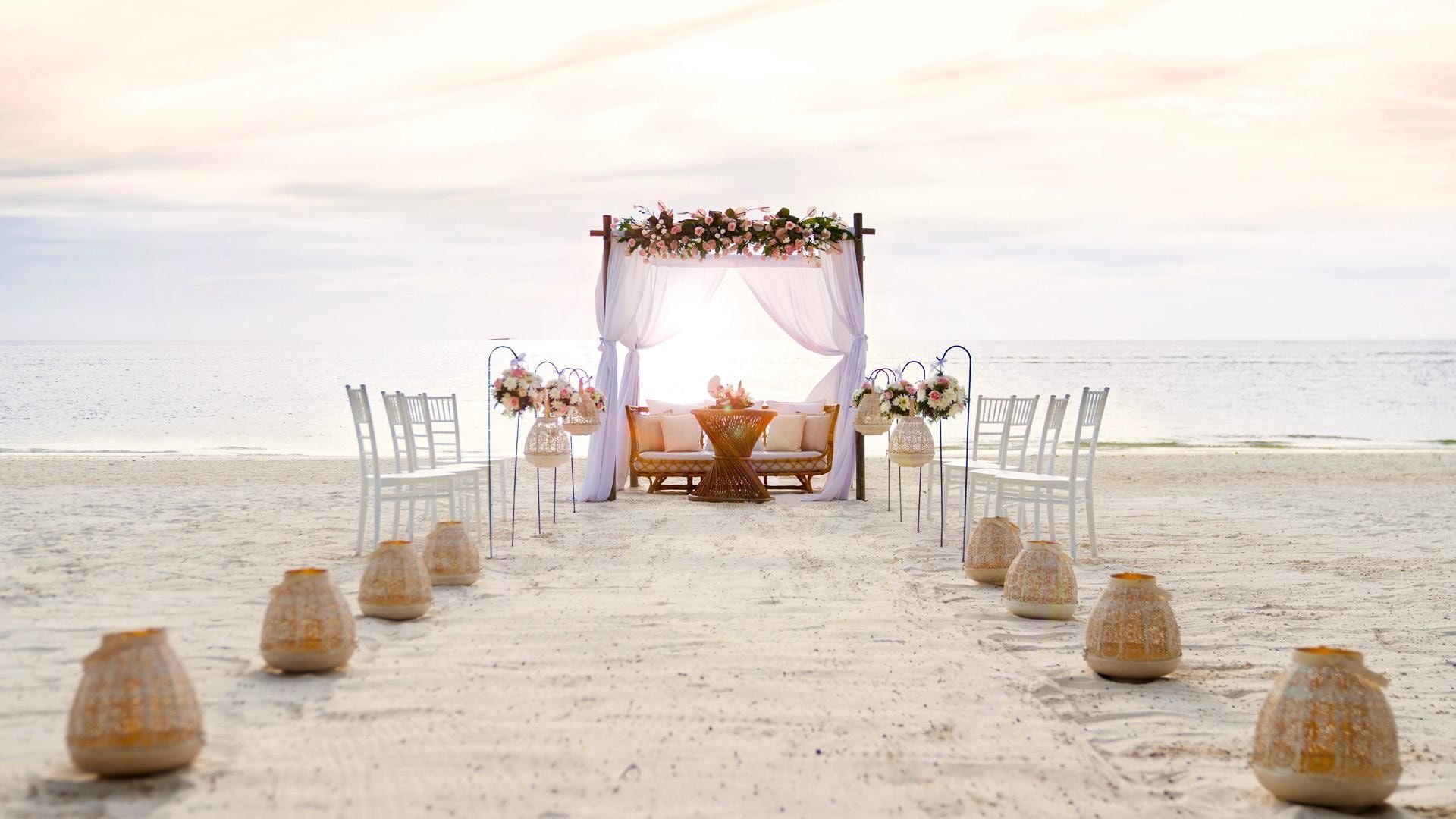 Cérémonie de mariage dressée sur une plage au coucher du soleil